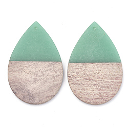 Medium Aquamarine Resin & Wood Pendants, Teardrop, Medium Aquamarine, 49x32x4mm, Hole: 1.8mm
