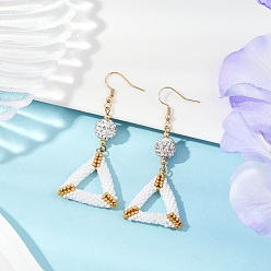 Белый Серьги-подвески из треугольного бисера ручной работы, с бусинами из полимерной глины, треугольные, золотые, белые, 62x26.5 мм