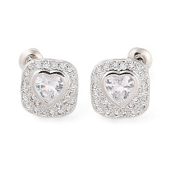 Clear Rack Plating Brass Micro Pave Cubic Zirconia Stud Earrings, Long-lasting Plated, Square with Heart, Clear, 13x13mm
