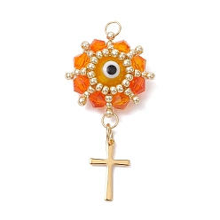 Оранжевый Подвески из стеклянных бусин от сглаза, с настоящими 18позолоченными 304 кольцами из нержавеющей стали, золотым крестиком, бусиной ручной работы в технике лэмпворк и гранеными стеклянными бусинами, оранжевые, 40x21x8 мм