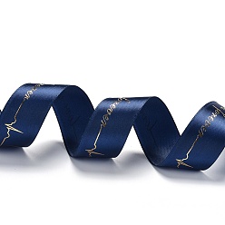 Prussian Blue Polyester Ribbons, Single Face Printed, Heartbeat & Word Love You Pattern, for DIY Gift Packing, Prussian Blue, 1 inch(26mm), about 50 yards/roll(45m/roll)
