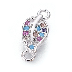 Platinum Brass Micro Pave Cubic Zirconia Links connectors, Leaf, Colorful, Platinum, 12.5x5.5x2mm, Hole: 1.2mm