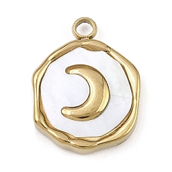 Настоящее золото 18K Натуральный белый оболочки подвески, плоская круглая с лунными подвесками, с 304 установками из нержавеющей стали, ионное покрытие (ip), реальный 18 k позолоченный, 16x12.5x3 мм, отверстие : 1.8 мм