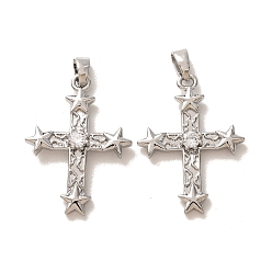 Platinum Brass Micro Pave Clear Cubic Zirconia Pendants, Cross with Star Charms, Platinum, 25x18x3mm, Hole: 3.5x2.5mm