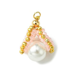 Персиковый Слойка Бусины из ракушек и жемчуга стеклянные подвески, с бисером и золотыми 304 кольцами из нержавеющей стали, формы раковины, розовые, 19~21x14~16x12~13 мм, отверстие : 2.5 мм