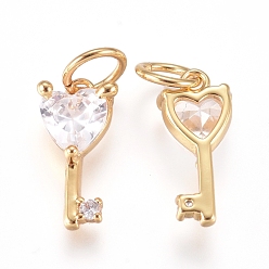 Golden Brass Charms, with Micro Pave Cubic Zirconia and Jump Rings, Key, Clear, Golden, 11.5x5.5x3mm, Hole: 3.5mm