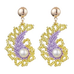 Лиловый Серьги-гвоздики из стеклянных бусин и стеклянных жемчужных бусин в форме ракушки для женщин, с железной фурнитурой, золотые, сирень, 44.5x24 мм
