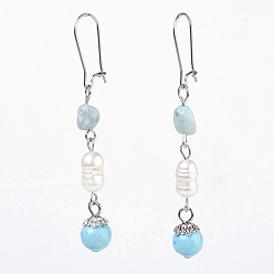 Synthetic Turquoise Synthetic Turquoise and Natural Larimar Dangle Hoop Earrings, with Natural Rice Pearl, 304 Stainless Steel Hoop and Alloy Findings, 60mm, Pendant: 43x8mm, Pin: 0.6mm