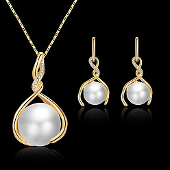 Золотой Сплав ювелирных изделий, Комплект из колье и сережек-гвоздиков с круглыми подвесками из искусственного жемчуга для женщин, золотые, Ожерелье: 400 mm