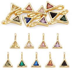 Mixed Color 9Pcs 9 Colors Triangle Brass Micro Pave Cubic Zirconia Charms, Rack Plating, Long-Lasting Plated, Cadmium Free & Lead Free, Golden, Mixed Color, 11.5x7.5x4.5mm, Hole: 4x2.5mm, 1pc/color 