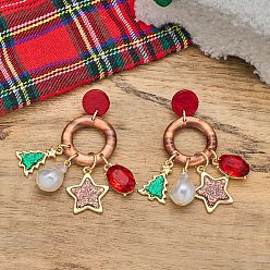 Золотой Рождественские латунные эмалевые серьги-гвоздики, с акрилом и искусственным жемчугом, Рождественская елка со звездой, золотые, 73 мм