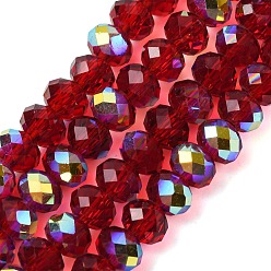Темно-Красный Гальванизируйте прозрачное стекло бисер нитей, рондель, с покрытием AB цвета, с половиным покрытием, граненые, темно-красный, 6x4 мм, отверстие : 1 мм, около 98~100 шт / нитка, 16.93~18.39'' (43~46.7 см)