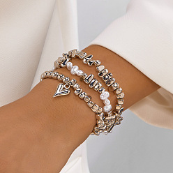 Нержавеющая Сталь Цвет 3шт. 3 стили браслетов и эластичных браслетов из сплава и пластиковых самородков CCB с бусинами для женщин, сердце, цвет нержавеющей стали, 7.09 дюйм (18 см)