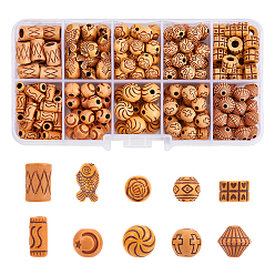 Sandy Brown Wooden Beads, with Plastic box, Large Hole Beads, Mixed Shapes, Sandy Brown, 11x7mm