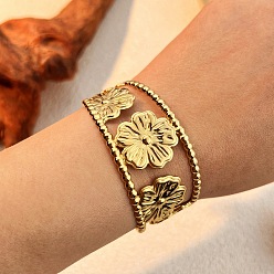Цветок 304 женские браслеты-манжеты из нержавеющей стали, золотые, цветок, 1-1/8 дюйм (2.9 см), внутренний диаметр: 2-1/2 дюйм (6.3 см)