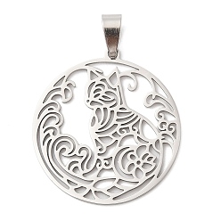 Нержавеющая Сталь Цвет 201 подвески из нержавеющей стали, плоский круглый с кошачьим шармом, лазерная резка, цвет нержавеющей стали, 36.5x33.5x1.5 мм, отверстие : 9x4.5 мм