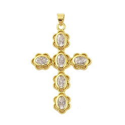 Настоящее золото 18K Подвески из латуни с покрытием из прозрачного кубического циркония, без кадмия и без свинца, крест с цветком, реальный 18 k позолоченный, 44x28.5x4 мм, отверстие : 3x4 мм