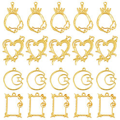 Золотой 20шт 4 стили сплав эмаль оправы, подвески с открытой рамкой, для diy уф смолы, эпоксидная смола, Прессованные цветочные украшения, сердце и яйцо и плоский круглый, разнообразные, золотые, 25x23x2 мм, отверстие : 1.8 мм, 5 шт / стиль