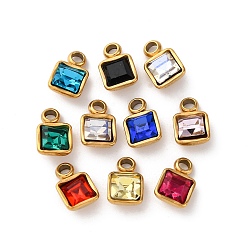 Настоящее золото 18K Ионное покрытие (ip) 304 подвески из нержавеющей стали со стразами, квадратных амулеты, разноцветные, реальный 18 k позолоченный, 8x5x3 мм, отверстие : 1.6 мм
