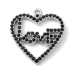 Platinum Rack Plating Alloy with Rhinestone Pendants, Love Heart, Platinum, 25x24x3mm, Hole: 1.4mm