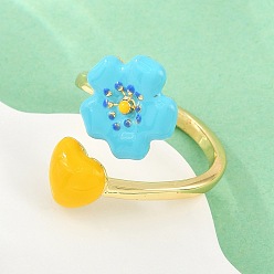 Deep Sky Blue Brass Cuff Open Rings for Women, Flower, with Enamel, Cadmium Free & Lead Free, Rack Plating, Long-Lasting Plated, Real 18K Gold Plated, Deep Sky Blue, US Size 7 1/4(17.5mm)