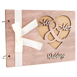 BurlyWood Wooden Wedding Guestbooks Notepad, with Bowknot Ribbon, for Wedding Decoration, Rectangle with Hollow Heart and Word Mr & Mrs, Wedding, BurlyWood, 20x28x1.05cm, about 20sheet/pc