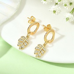 Golden Brass Micro Pave Clear Cubic Zirconia Dangle Stud Earrings for Women, Leaf, Golden, 26x10mm