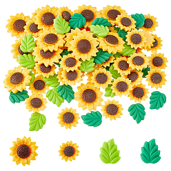 Mixed Color 100Pcs 3 Styles Opaque Resin Cabochons, Sunflower & Leaf, Mixed Color, 18.5~20x15.5~20x4~7mm, 100pcs/set
