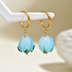 Deep Sky Blue 201 Stainless Steel Hoop Earrings, Flower, Glass Dangle Earrings for Women, Gloden, Deep Sky Blue, 40x14.3mm