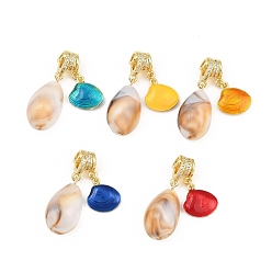 Mixed Color Brass Micro Pave Clear Cubic Zirconia Pendants, with Enamel & Resin, Shell Shape Charms, Rack Plating, Long-Lasting Plated, Lead Free & Cadmium Free, Real 18K Gold Plated, Mixed Color, 35mm, Hole: 3mm