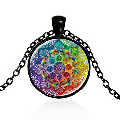 Electrophoresis Black Колье цветок жизни стеклянный кулон, ювелирные изделия из сплава с символом ом аум ом для женщин, электрофорез черный, 15.75 дюйм ~ 19.76 дюйм (40~50.2 см)