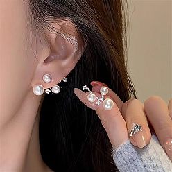 White Alloy & Rhinestone & Imitation Pearl Stud Earrings for Women, Round, Front Back Stud Earrings, Platinum, White, 20mm
