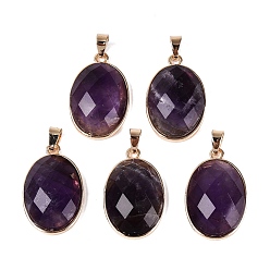 Amethyst Natural Amethyst Pendants, Brass Oval Bezeled Charms, with Iron Snap On Bails, Faceted, Golden, 31.5x20x8~9mm, Hole: 6.5~7.5x3.5~4.5mm