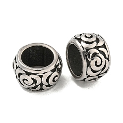 Античное Серебро 316 бусины из хирургической нержавеющей стали с большими отверстиями, текстурированный рондель, античное серебро, 8x13x8 мм, отверстие : 8 мм