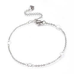 Stainless Steel Color Tarnish Resistant 304 Stainless Steel Cable Chain Anklets, with Heart Links and Lobster Claw Clasps, Stainless Steel Color, 9-1/4 inch(23.5cm)
