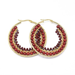 Малиновый Серьги из 304 нержавеющей стали, серьги-кольца с бусинами, со стеклянными бусинами, кольцо, золотые, малиновый, 51.5x49x4 мм