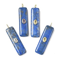 Ляпис-Лазурь Крашеные природные лазурит подвески, прямоугольные подвески с латунной микропаве кубическими цирконами, золотые, цвет циркона случаен, 51x13x7 мм, отверстие : 3x2 мм