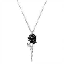Black Rose Rhodium Plated 925 Sterling Silver Pendant Necklaces, with Epoxy Resin and Cable Chains, Platinum, Black, 17.32inch(44cm)
