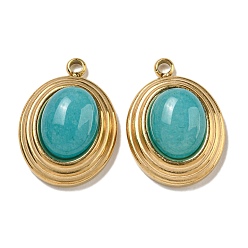Нефрит Подвески из натурального темно-бирюзового нефрита, 304 из нержавеющей стали овальные амулеты, золотые, 19x14x7 мм, отверстие : 1.8 мм