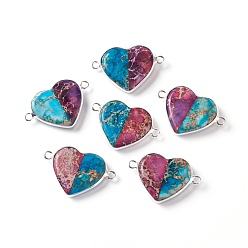 Silver Natural Regalite/Imperial Jasper/Sea Sediment Jasper Links Connectors, with Brass Settings, Dyed, Two Tone, Heart, Silver, 19x28.5x4.5mm, Hole: 1.8mm