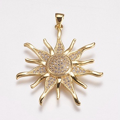 Золотой Латунные микро проложить кубического циркония подвески, солнце, золотые, 36x34x5.5 мм, отверстие : 3.5x4 мм