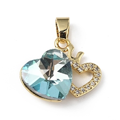Pale Turquoise Real 18K Gold Plated Rack Plating Brass Micro Pave Clear Cubic Zirconia Pendants, with Glass, Long-Lasting Plated, Cadmium Free & Lead Free, Heart Charm, Pale Turquoise, 16x19.5x8mm, Hole: 5x3.2mm