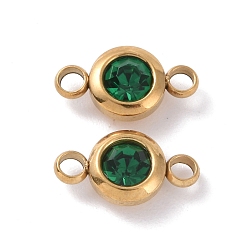Светлый Изумруд 304 соединители звеньев из нержавеющей стали со стразами, плоско-круглые, золотые, lt.emerald, 12x6.5x4 мм, отверстие : 2 мм