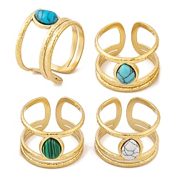 Настоящее золото 18K Ионное покрытие (ip) каплевидные 304 открытые манжетные кольца из нержавеющей стали, женские кольца с синтетической бирюзой и малахитом, реальный 18 k позолоченный, 13 мм, регулируемый
