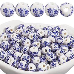 Королевский синий 180шт. фарфоровые керамические бусины ручной работы с цветочным принтом, круглые, королевский синий, 6 мм, отверстие : 2 мм
