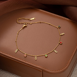 Infinity 304 Браслеты на лодыжку из нержавеющей стали с разноцветными фианитами для женщин, золотые, бесконечность, 8-1/4 дюйм (210 мм)