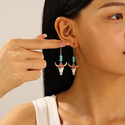 Белый Серьги-кольца в этническом стиле с эмалированным сплавом в форме головы коровы, с синтетическими бирюзовый, золотой свет, белые, 59x21 мм