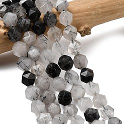 Кварц Турмалинизации  Натуральный турмалированный кварц / черный рутиловый кварц, звезды вырезать круглые бусы, граненые, 9~10x9~10x9~10 мм, отверстие : 1~1.4 мм, около 38~40 шт / нитка, 14.88'' (15.08'' см)