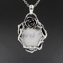 Хрусталь Подвески в стиле ретро из натурального кварца, с латунной фурнитурой античного бронзового тона, овальные с цветком, 40x30x10 мм