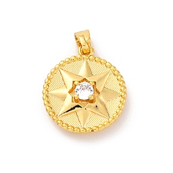 Золотой Латунные микро проложить кубического циркония подвески, долговечный, без свинца и без кадмия, круглая со звездой, золотые, 17x15x4.5 мм, отверстие : 5.5x2.5 мм